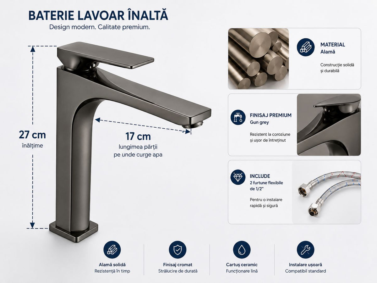 Baterie pentru lavoar cu corp inaltat, alama, gri RV1401HG