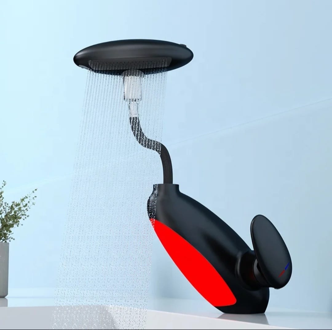 Baterie Chiuveta Baie, 4 Tipuri de Jet, Cap Retractabil, Iluminare Led, Control Inteligent al Apei, Negru RVFH3435B