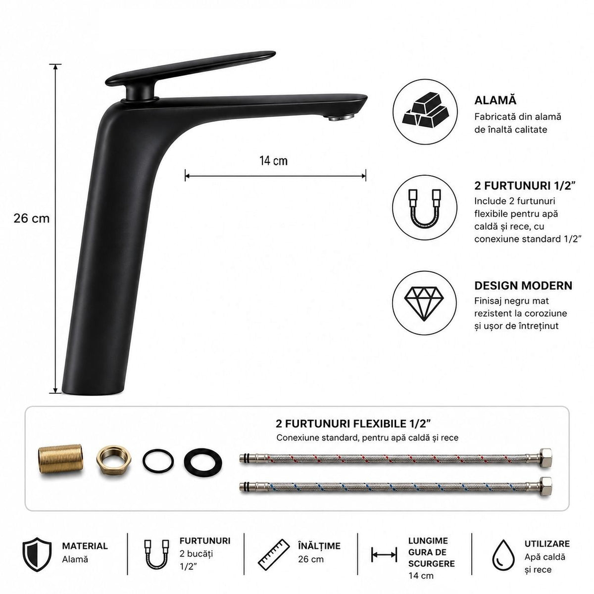 Baterie lavoar inaltata, alama, kit instalare inclus, negru RV7401HB