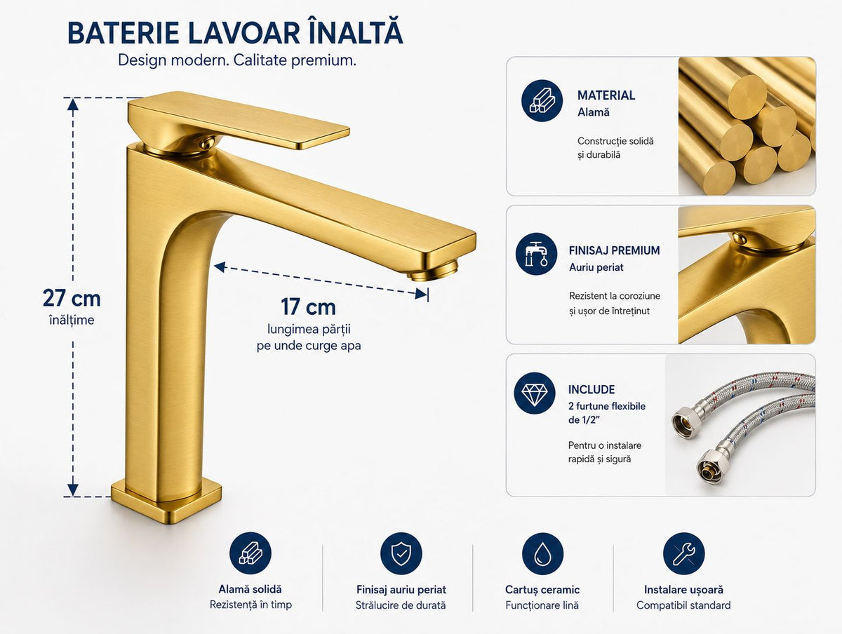 Baterie pentru lavoar cu corp inaltat, alama, auriu periat RV1401HBG