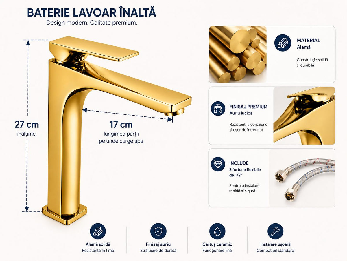 Baterie pentru lavoar cu corp inaltat, alama, auriu lucios RV1401H.GOLD