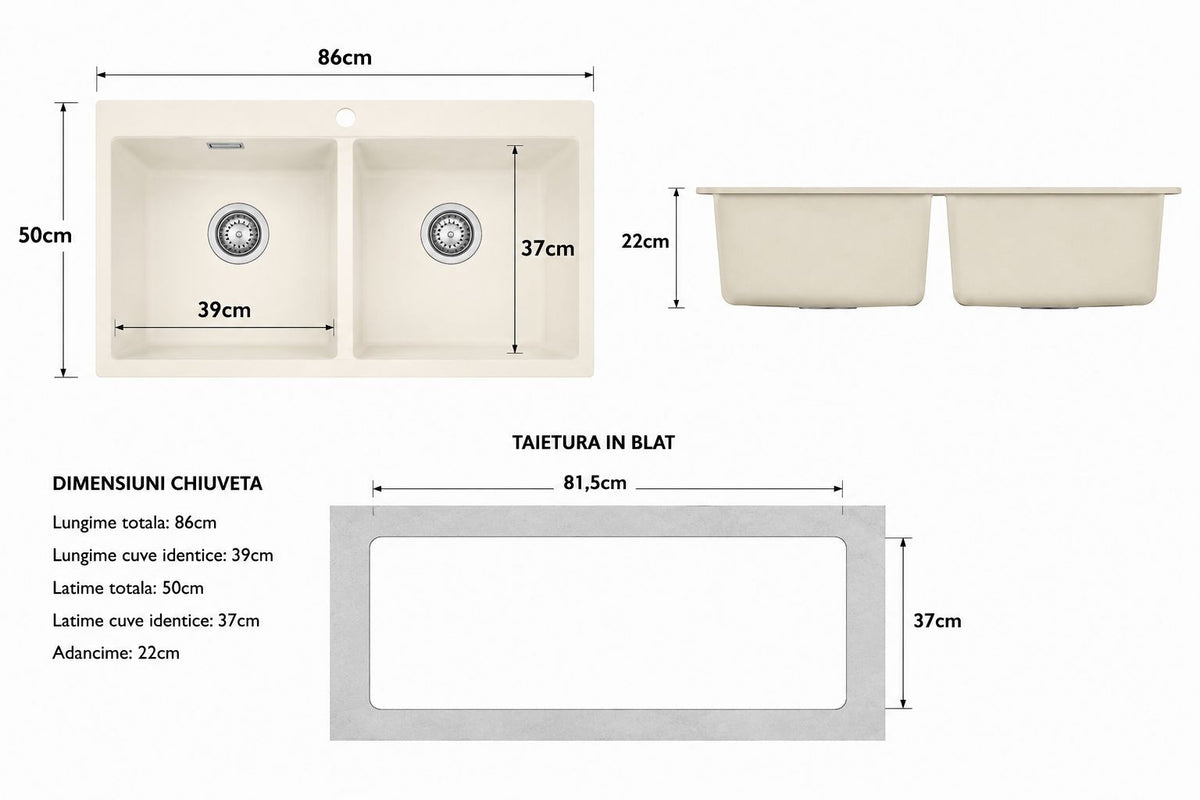 Chiuveta Bucatarie Compozit Granit, Dubla Cuve, Cu Accesorii Scurgere, 86x50 cm RV8888151L