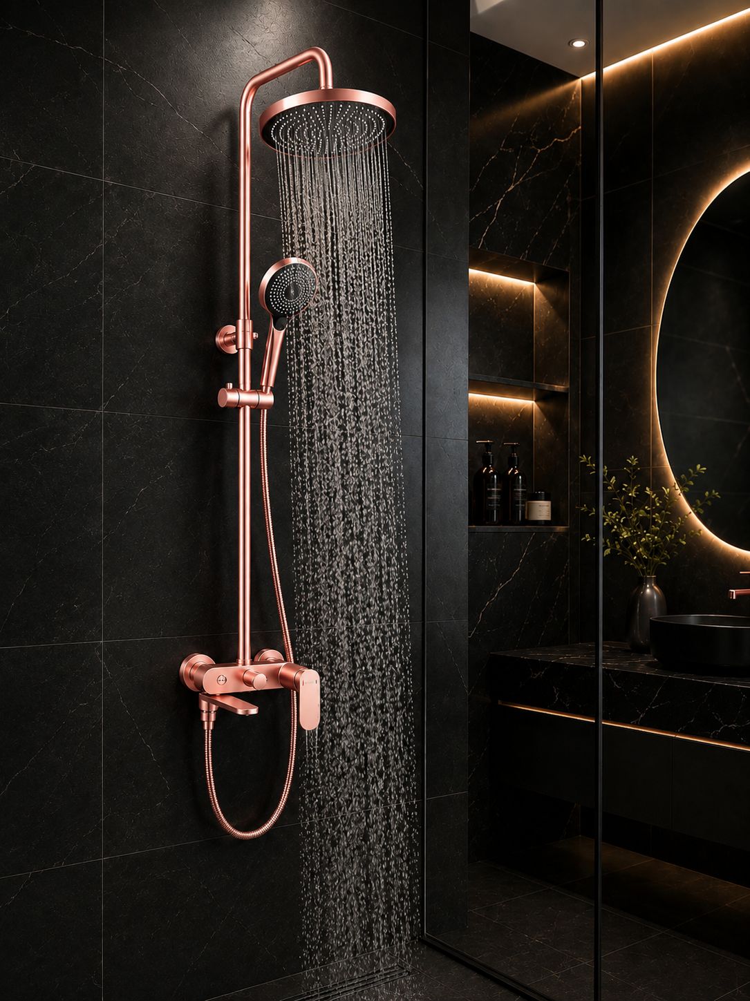 Coloana de dus, baterie incorporata,pipa pivotanta, alama, rose-gold RV16519R