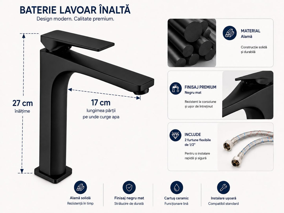 Baterie pentru lavoar cu corp inaltat, alama, negru RV1401HB