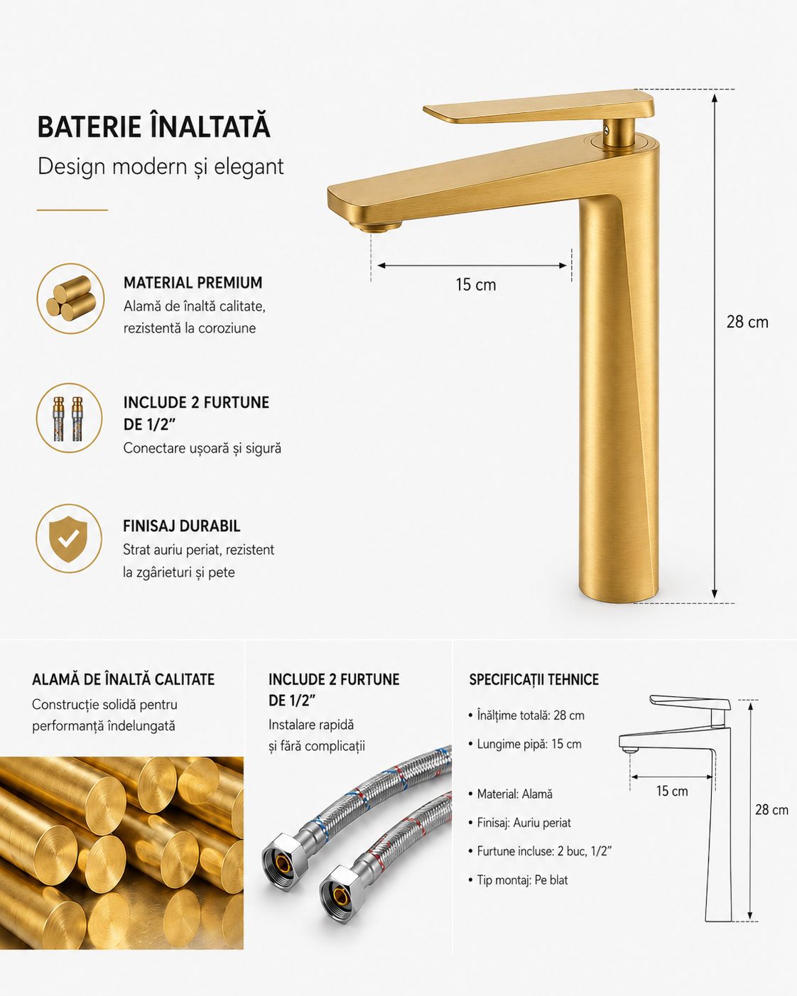 Baterie pentru lavoar cu corp inaltat, alama, auriu periat RV6101HBG