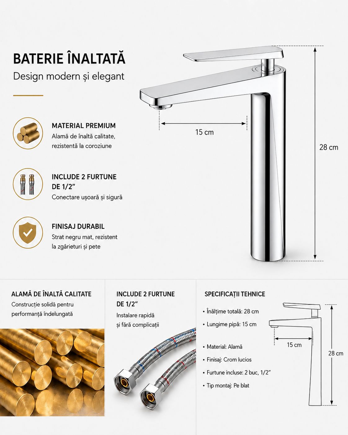 Baterie pentru lavoar cu corp inaltat, alama, crom RV6101HC