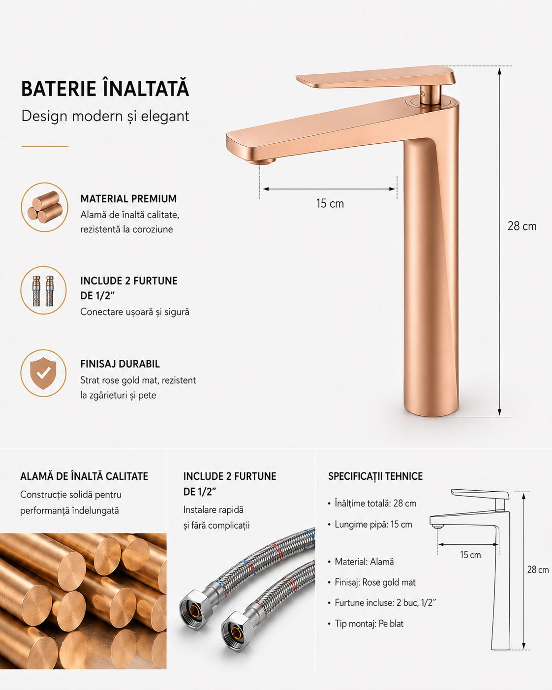 Baterie pentru lavoar cu corp inaltat, alama, rose-gold RV6101HR