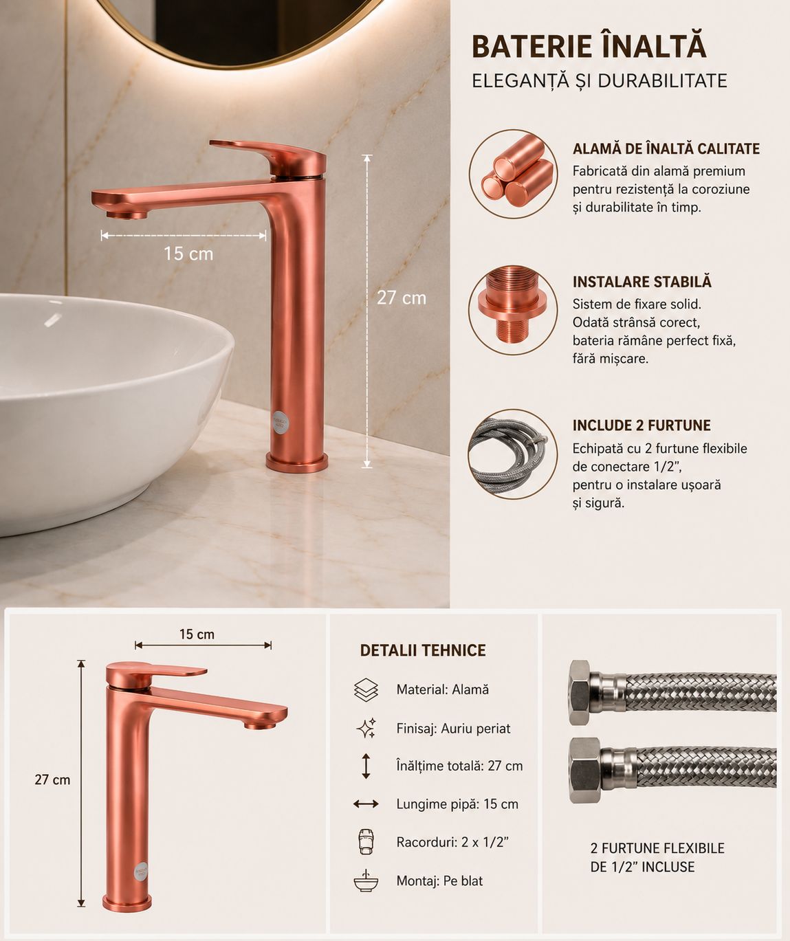 Baterie pentru lavoar cu corp inaltat, alama, rose-gold RV1651HR