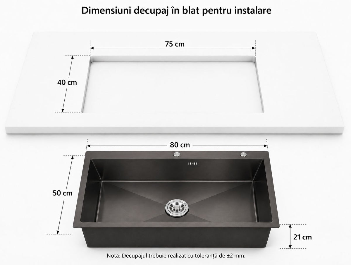 Chiuveta de bucatarie, otel inoxidabil, 80x50cm, neagra RV888818