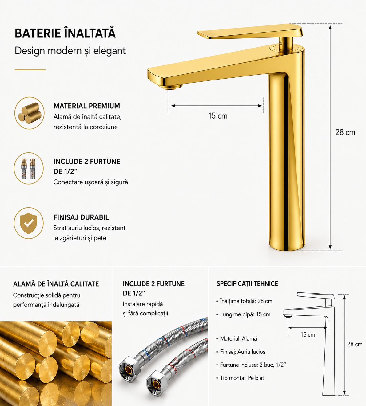 Baterie pentru lavoar cu corp inaltat, alama, gold RV6101H.GOLD
