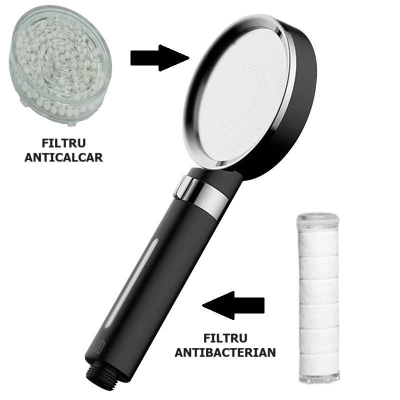 Para de dus, 1 functie, 2filtre, filtru anticalcar, filtru antibacterian, negru RV888847H