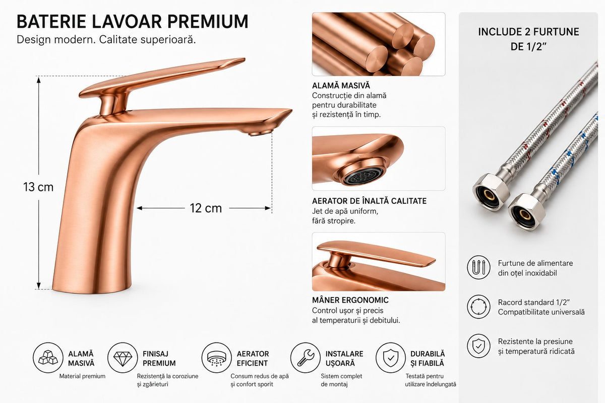 Baterie lavoar, alama, kit instalare inclus, rose gold RV7401R