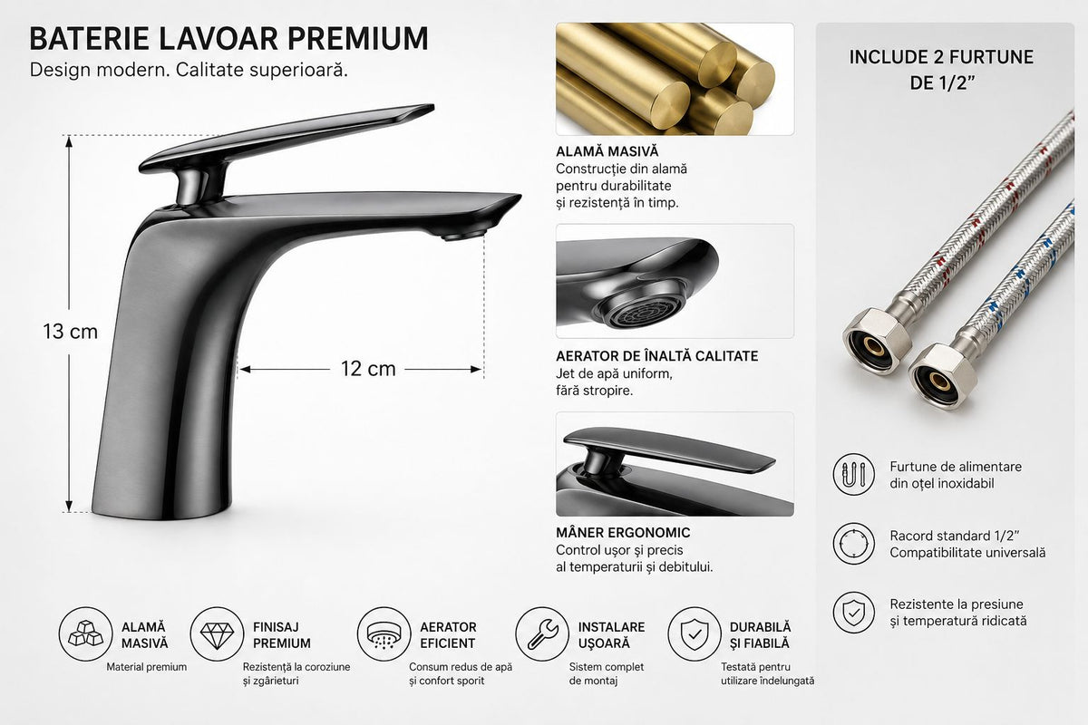 Baterie lavoar, alama, kit instalare inclus, gri mat RV7401G