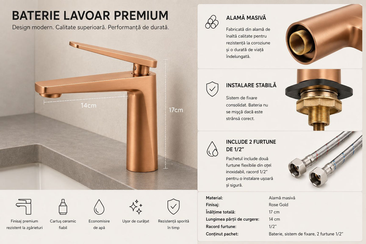 Baterie pentru lavoar, alama, rose-gold RV6101R