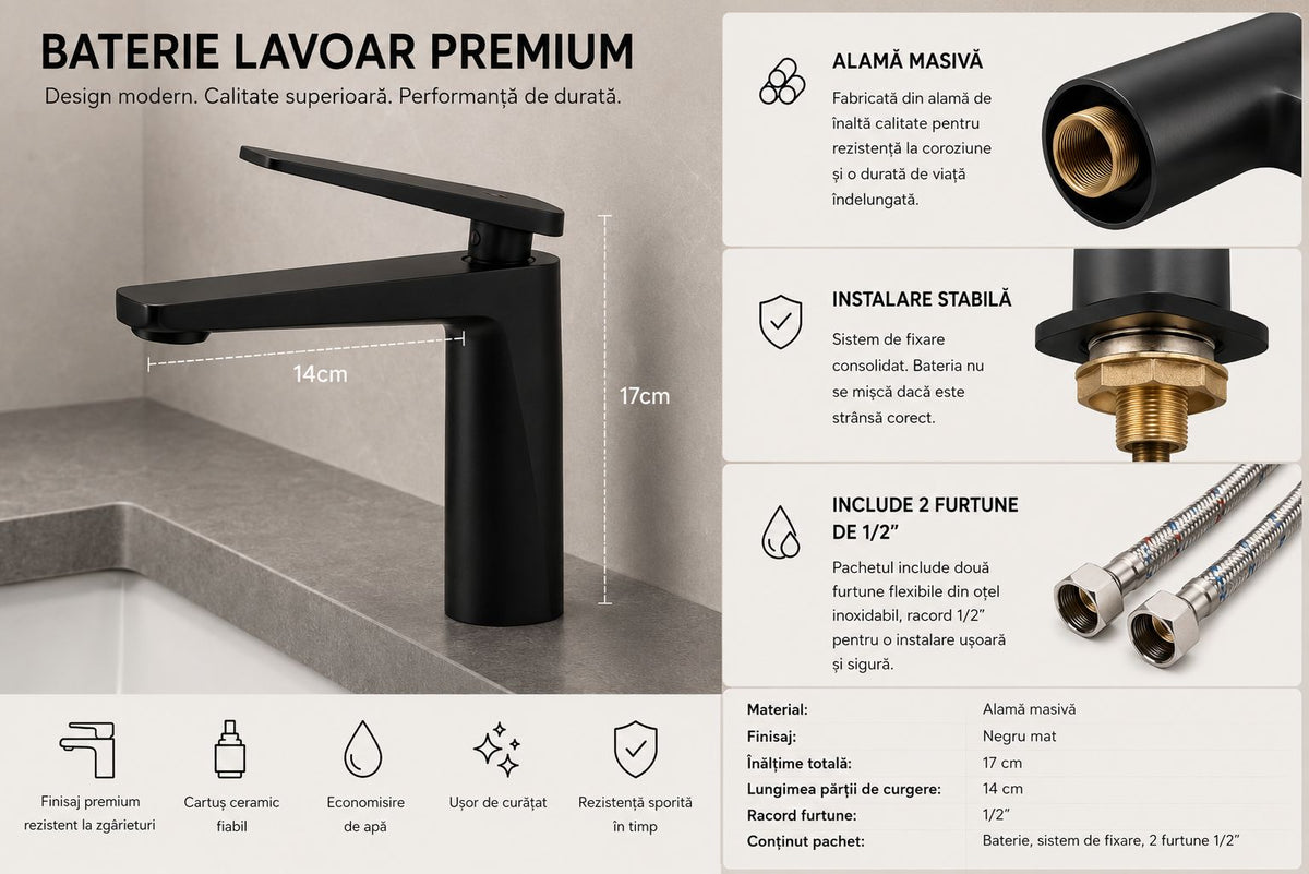 Baterie pentru lavoar, alama, negru RV6101B