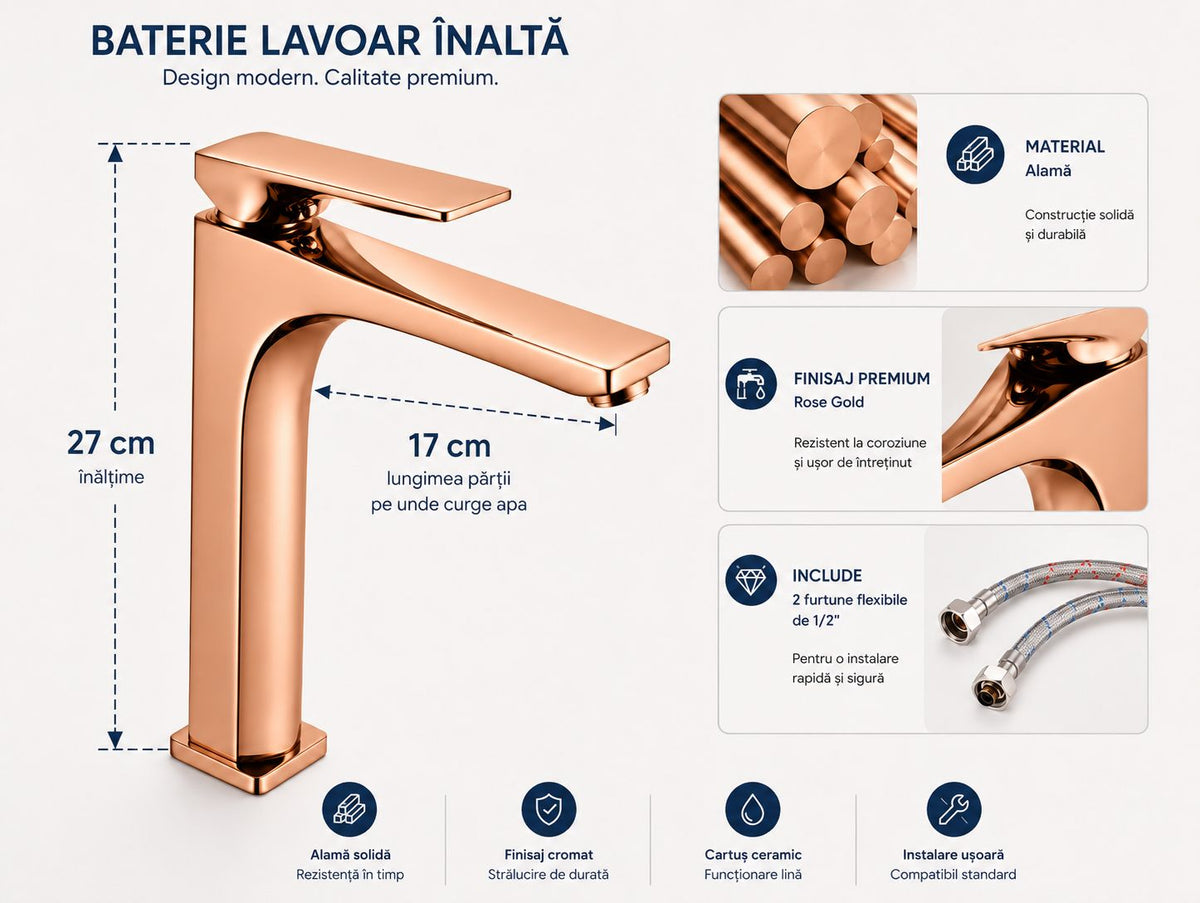 Baterie pentru lavoar cu corp inaltat, alama, rose-gold RV1401HR