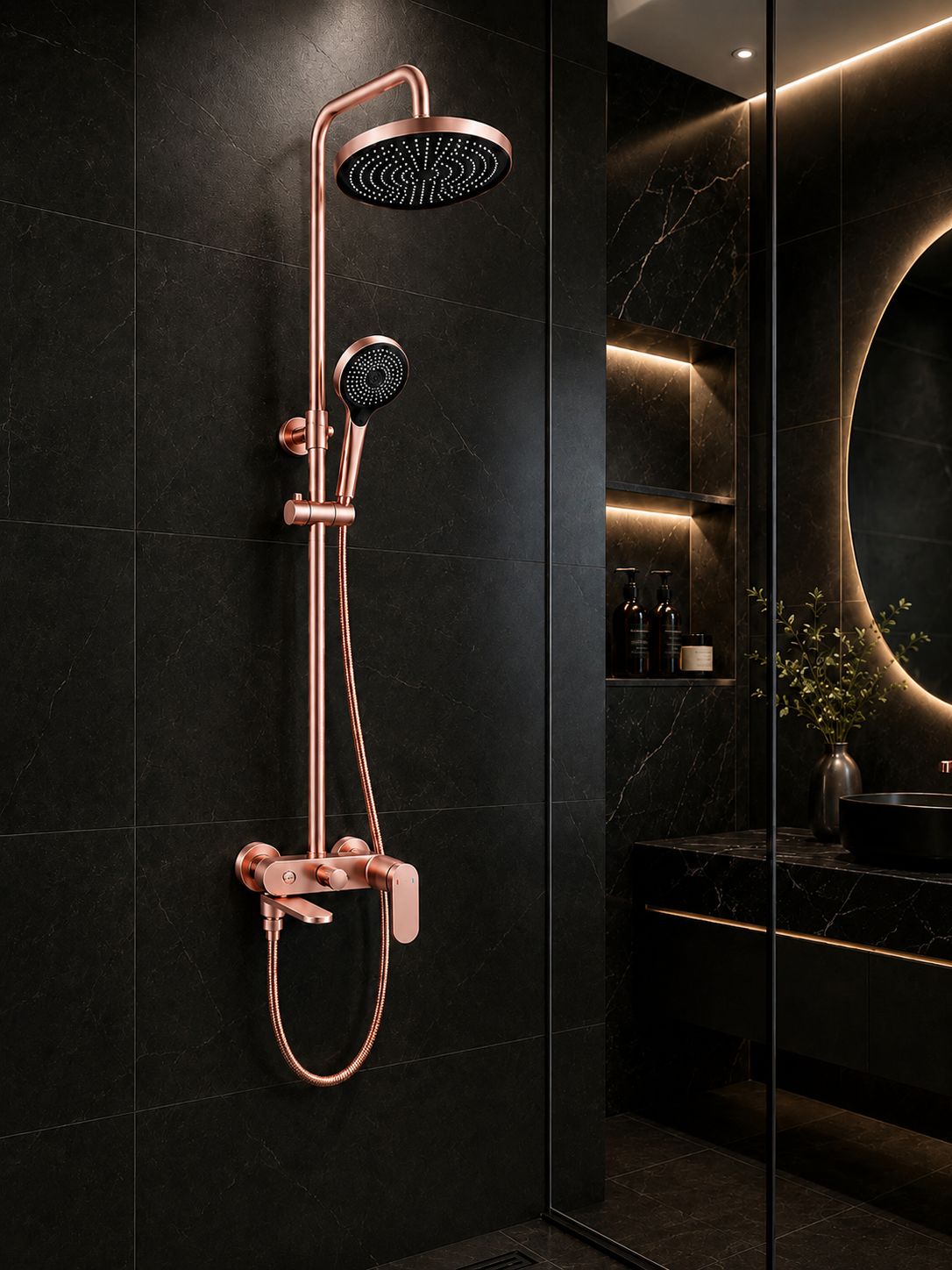 Coloana de dus, baterie incorporata,pipa pivotanta, alama, rose-gold RV16519R