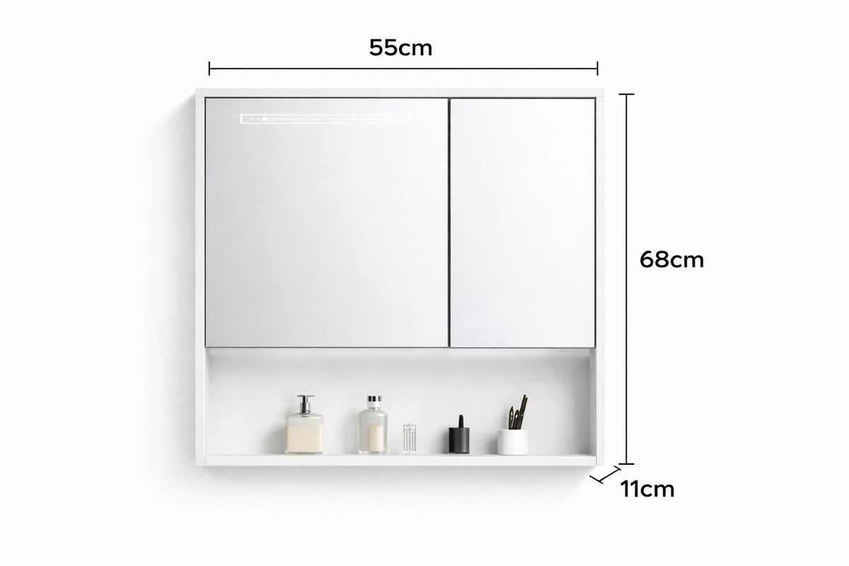 Set mobilier baie, suspendat, 60x47cm, sluminiu, sertar compartimentat, dulap oglinda 55x68x11cm, LED cu senzor, alb RVSH608-60-W