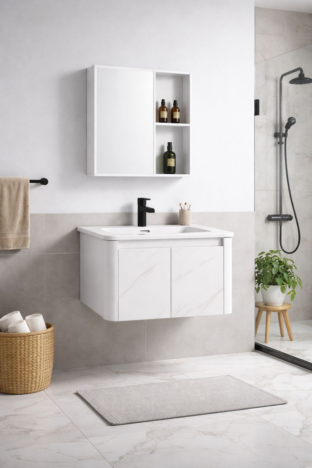 Set mobilier baie, suspendat, lavoar inclus, 60x46x41cm, aluminiu, dulap de baie cu oglinda LED, 55x68x11cm, 3 culori lumina, functie dezaburire, alb marmorat RVBS803-60-W