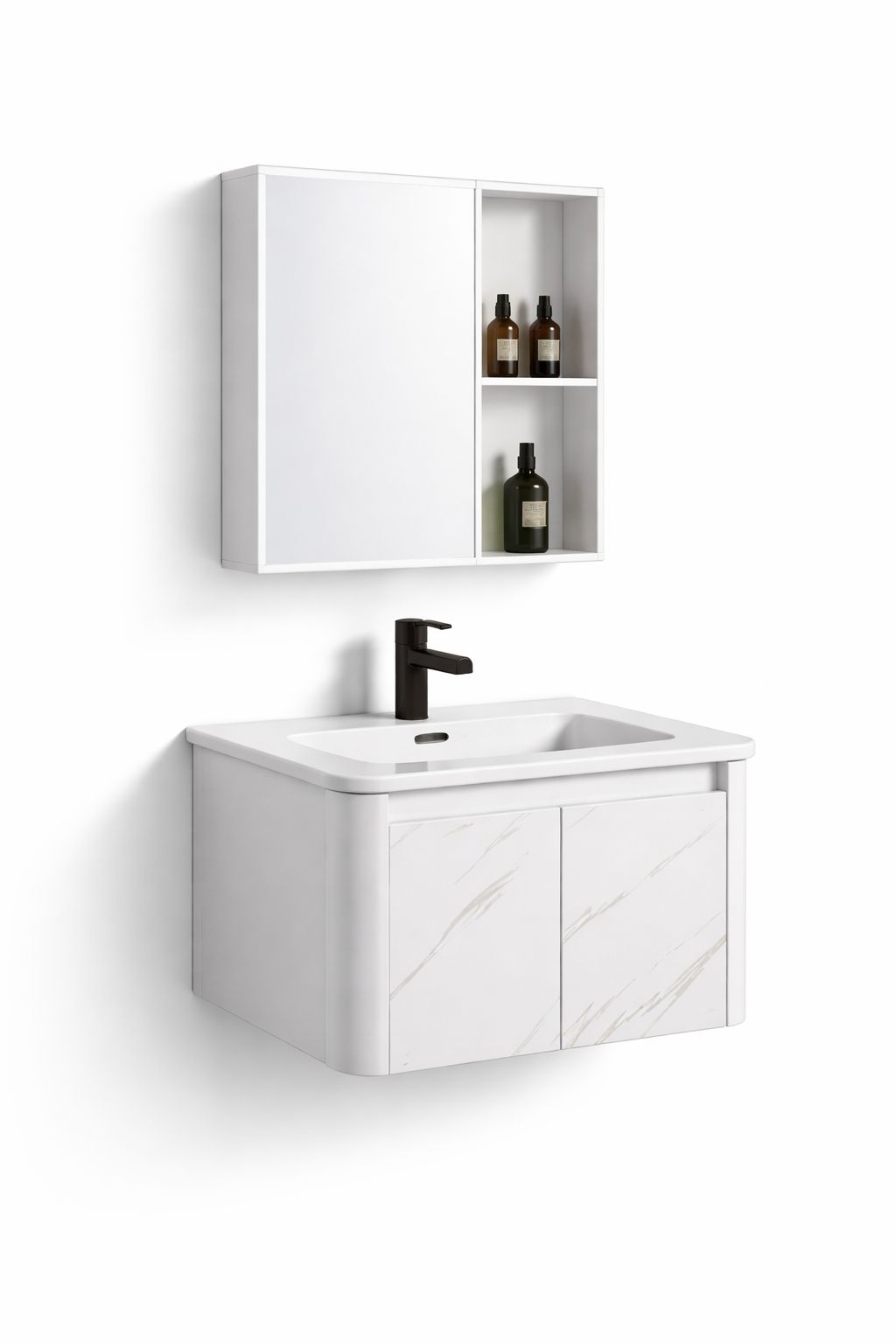 Set mobilier baie, suspendat, lavoar inclus, 60x46x41cm, aluminiu, dulap de baie cu oglinda LED, 55x68x11cm, 3 culori lumina, functie dezaburire, alb marmorat RVBS803-60-W