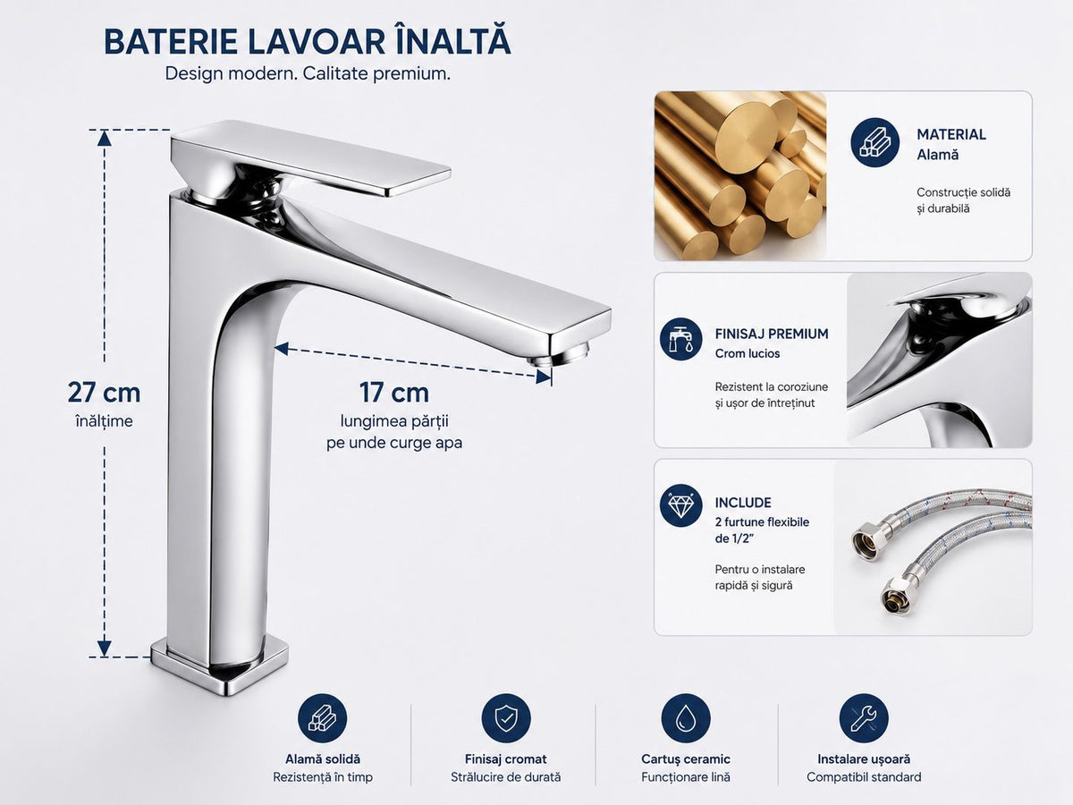 Baterie pentru lavoar cu corp inaltat, alama, crom  RV1401HC