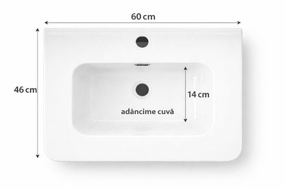 Set mobilier baie, suspendat, lavoar inclus, 60x46x41cm, aluminiu, dulap de baie cu oglinda LED, 55x68x11cm, 3 culori lumina, functie dezaburire, alb marmorat RVBS803-60-W