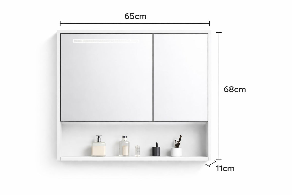 Set mobilier baie, suspendat, 70x47cm, sluminiu, sertar compartimentat, dulap oglinda 65x68x11cm, LED cu senzor, alb RVSH608-70-W