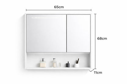 Set mobilier baie, suspendat, 70x47cm, sluminiu, sertar compartimentat, dulap oglinda 65x68x11cm, LED cu senzor, alb RVSH608-70-W