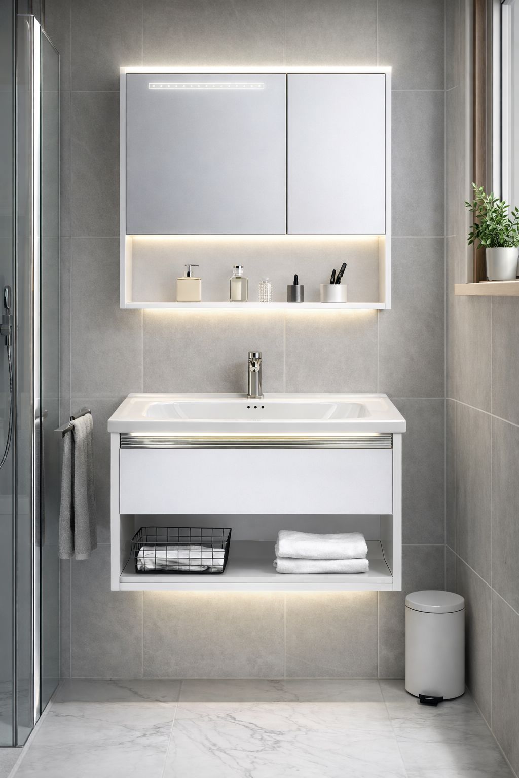Set mobilier baie, suspendat, 60x47cm, sluminiu, sertar compartimentat, dulap oglinda 55x68x11cm, LED cu senzor, alb RVSH608-60-W