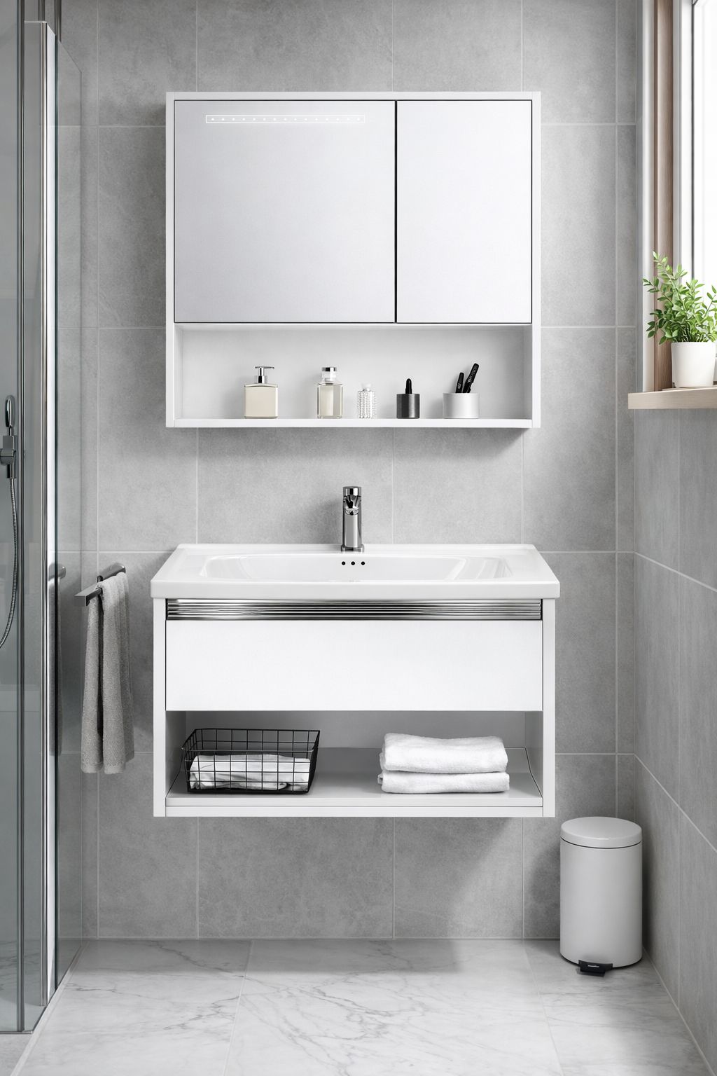 Set mobilier baie, suspendat, 60x47cm, sluminiu, sertar compartimentat, dulap oglinda 55x68x11cm, LED cu senzor, alb RVSH608-60-W