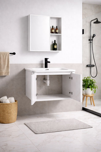 Set mobilier baie, suspendat, lavoar inclus, 60x46x41cm, aluminiu, dulap de baie cu oglinda LED, 55x68x11cm, 3 culori lumina, functie dezaburire, alb marmorat RVBS803-60-W