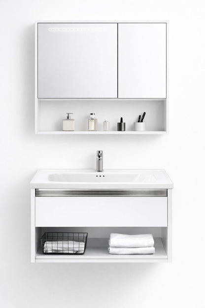 Set mobilier baie, suspendat, 60x47cm, sluminiu, sertar compartimentat, dulap oglinda 55x68x11cm, LED cu senzor, alb RVSH608-60-W
