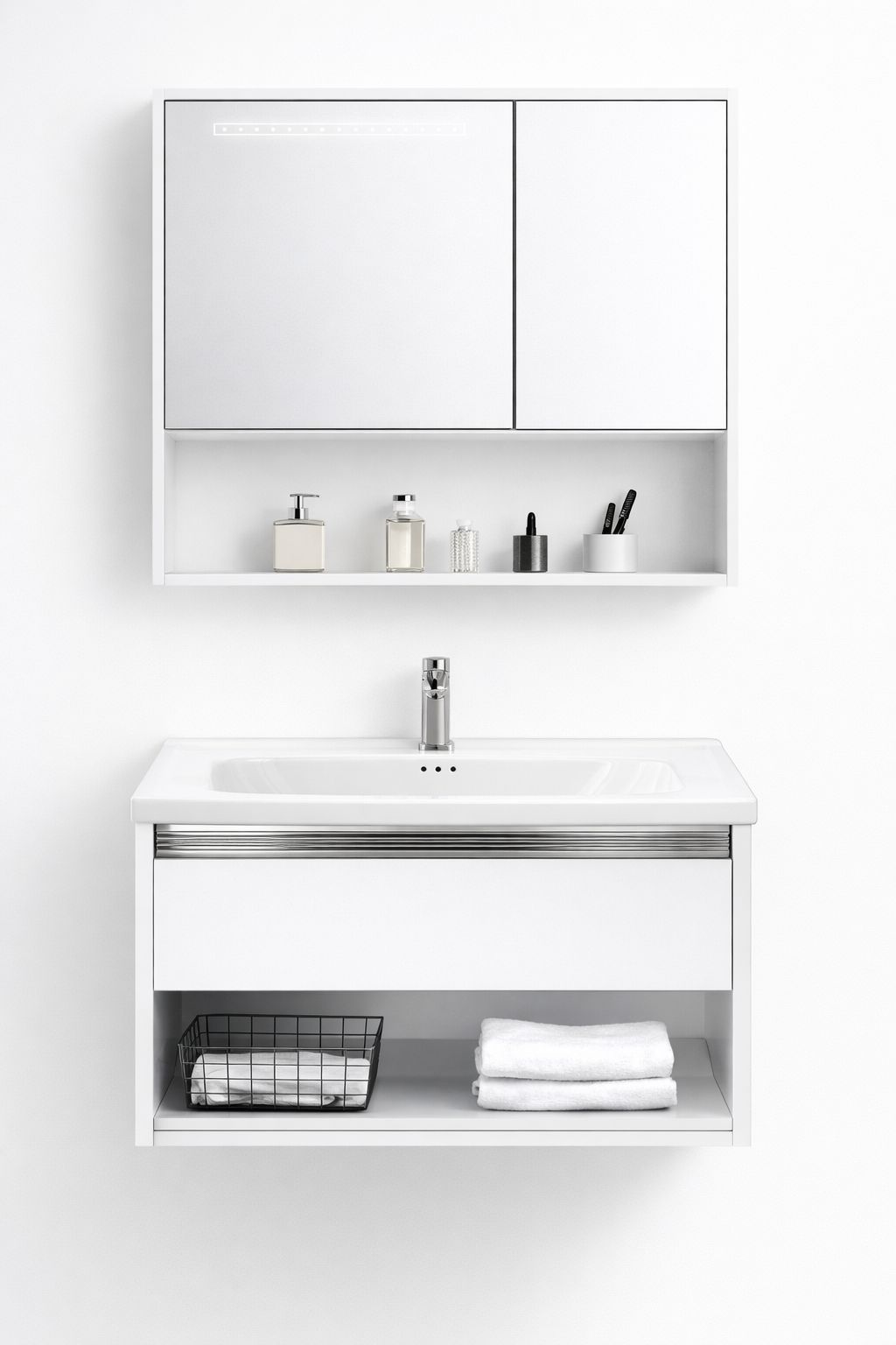 Set mobilier baie, suspendat, 70x47cm, sluminiu, sertar compartimentat, dulap oglinda 65x68x11cm, LED cu senzor, alb RVSH608-70-W