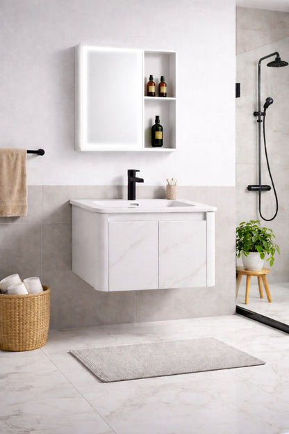 Set mobilier baie, suspendat, lavoar inclus, 70x46x41cm, aluminiu, dulap de baie cu oglinda LED, 65x68x11cm, 3 culori lumina, functie dezaburire, alb marmorat RVBS803-70-W