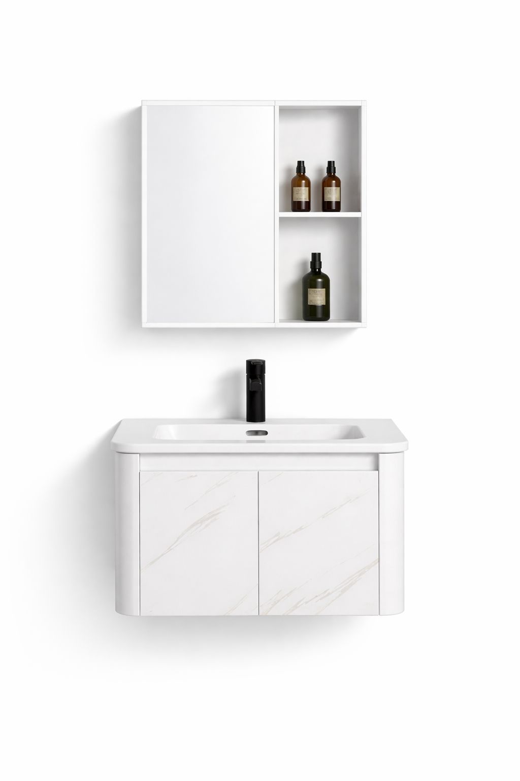 Set mobilier baie, suspendat, lavoar inclus, 60x46x41cm, aluminiu, dulap de baie cu oglinda LED, 55x68x11cm, 3 culori lumina, functie dezaburire, alb marmorat RVBS803-60-W